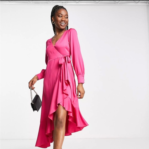 asos pink wrap dress Hope & Ivy Plus embellished wrap dress with tie waist and blouson sleeve in  pink